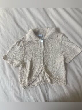 Zara Cream Textured Short Sleeve Button-Up Crop Top